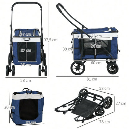 Hundebuggy 2 in 1 klappbar mit abnehmbarem Korb | Hundetrolley für kleine & Miniatur Hunde | Inkl. 2 Sicherheitsleinen | Farbe: Blau | von PawHut