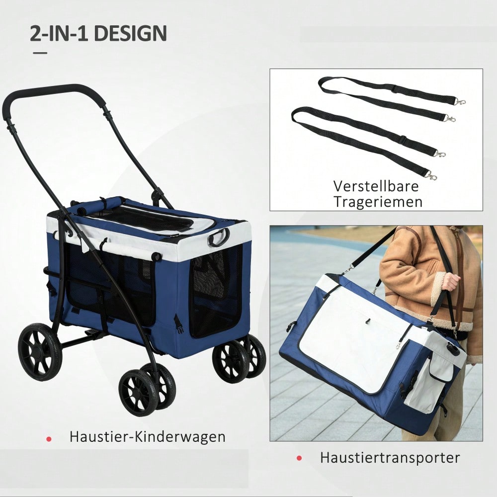 Hundebuggy 2 in 1 klappbar mit abnehmbarem Korb | Hundetrolley für kleine & Miniatur Hunde | Inkl. 2 Sicherheitsleinen | Farbe: Blau | von PawHut