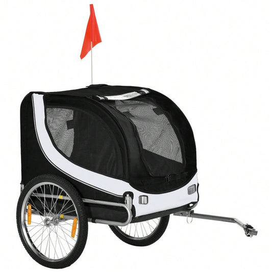 PawHut Fahrradanhänger für Hunde, Klappbarer Hundetransporter mit Stahlrahmen & Sicherheitsleinen, 130x73x90 cm, weiß/schwarz