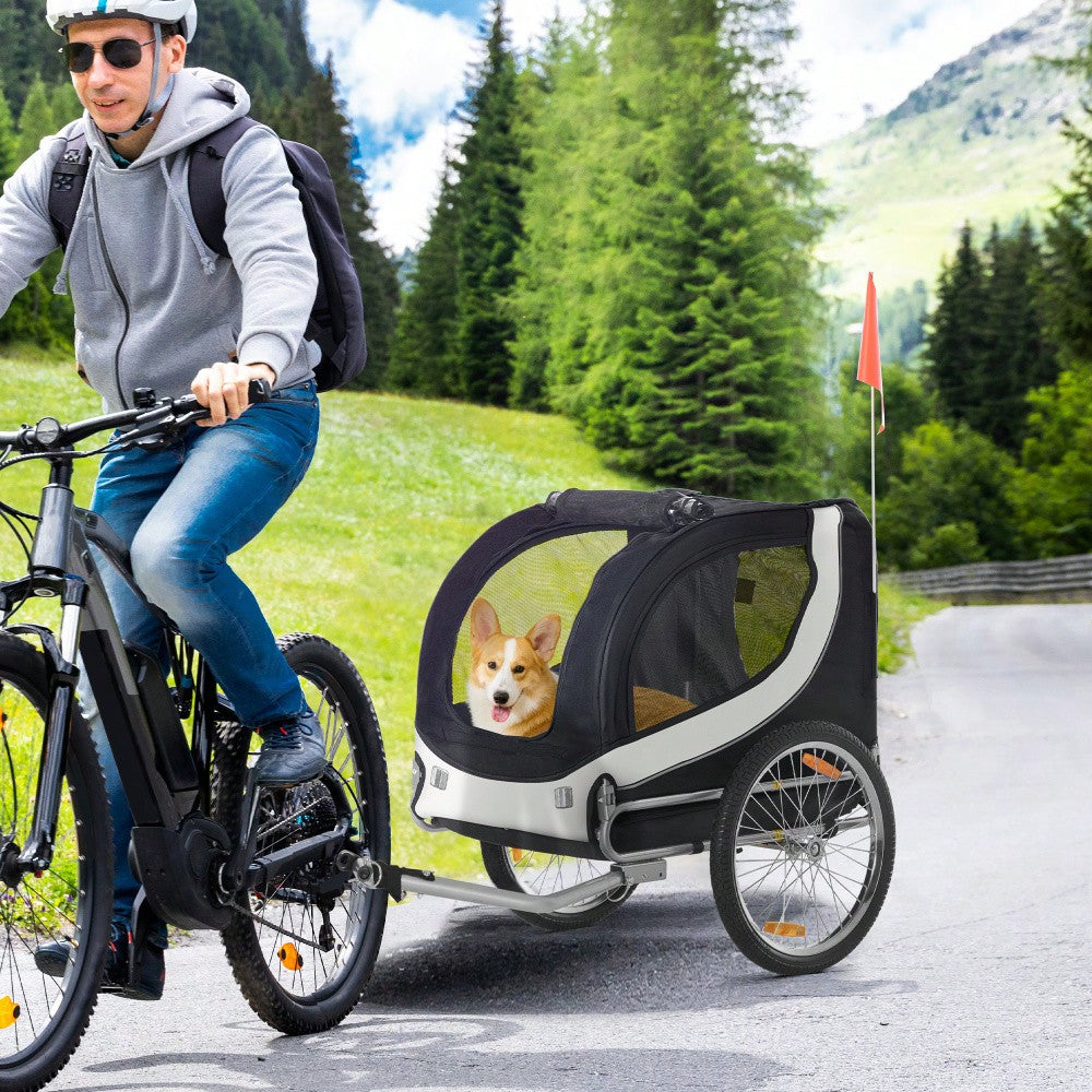 PawHut Fahrradanhänger für Hunde, Klappbarer Hundetransporter mit Stahlrahmen & Sicherheitsleinen, 130x73x90 cm, weiß/schwarz