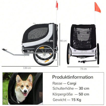 PawHut Fahrradanhänger für Hunde, Klappbarer Hundetransporter mit Stahlrahmen & Sicherheitsleinen, 130x73x90 cm, weiß/schwarz