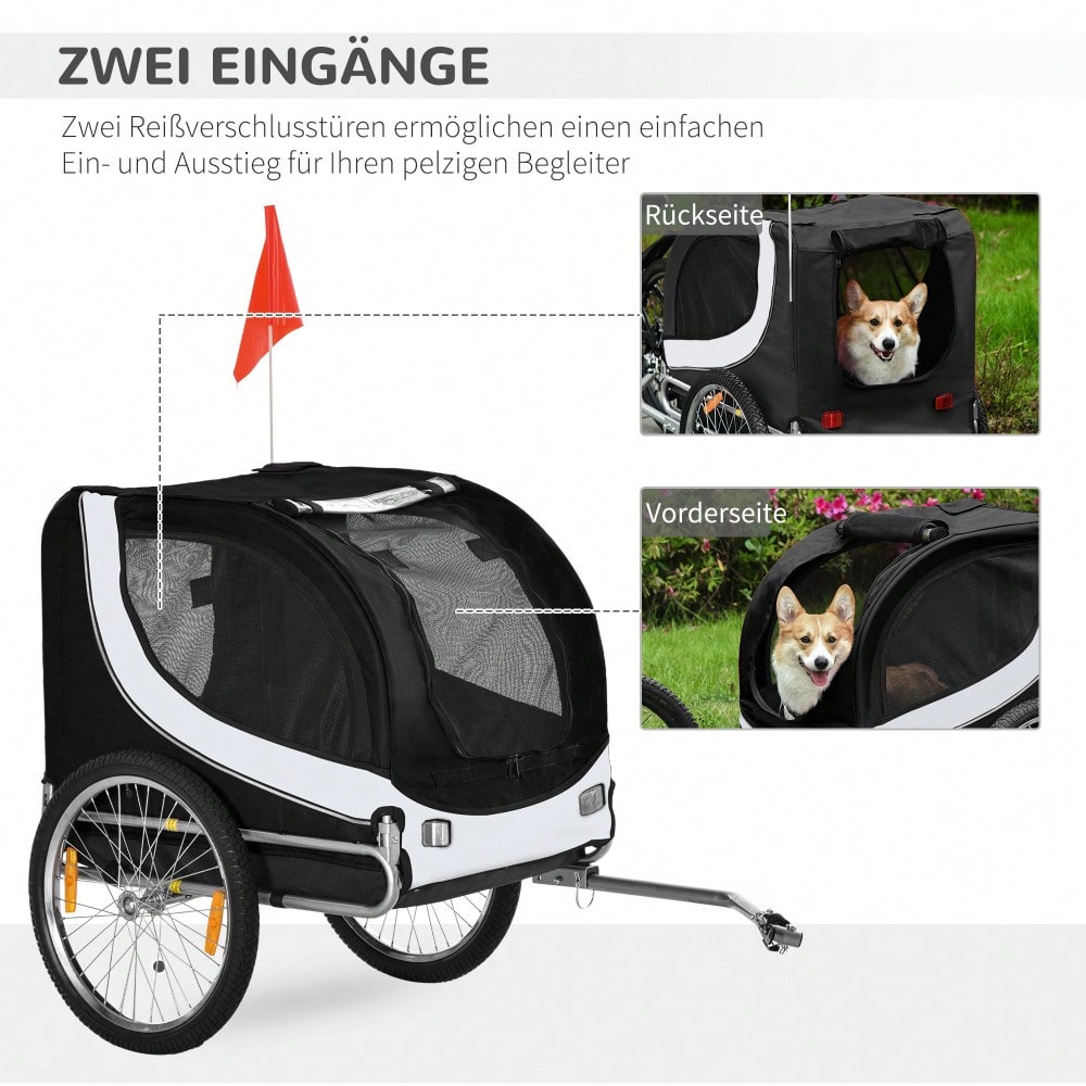 PawHut Fahrradanhänger für Hunde, Klappbarer Hundetransporter mit Stahlrahmen & Sicherheitsleinen, 130x73x90 cm, weiß/schwarz