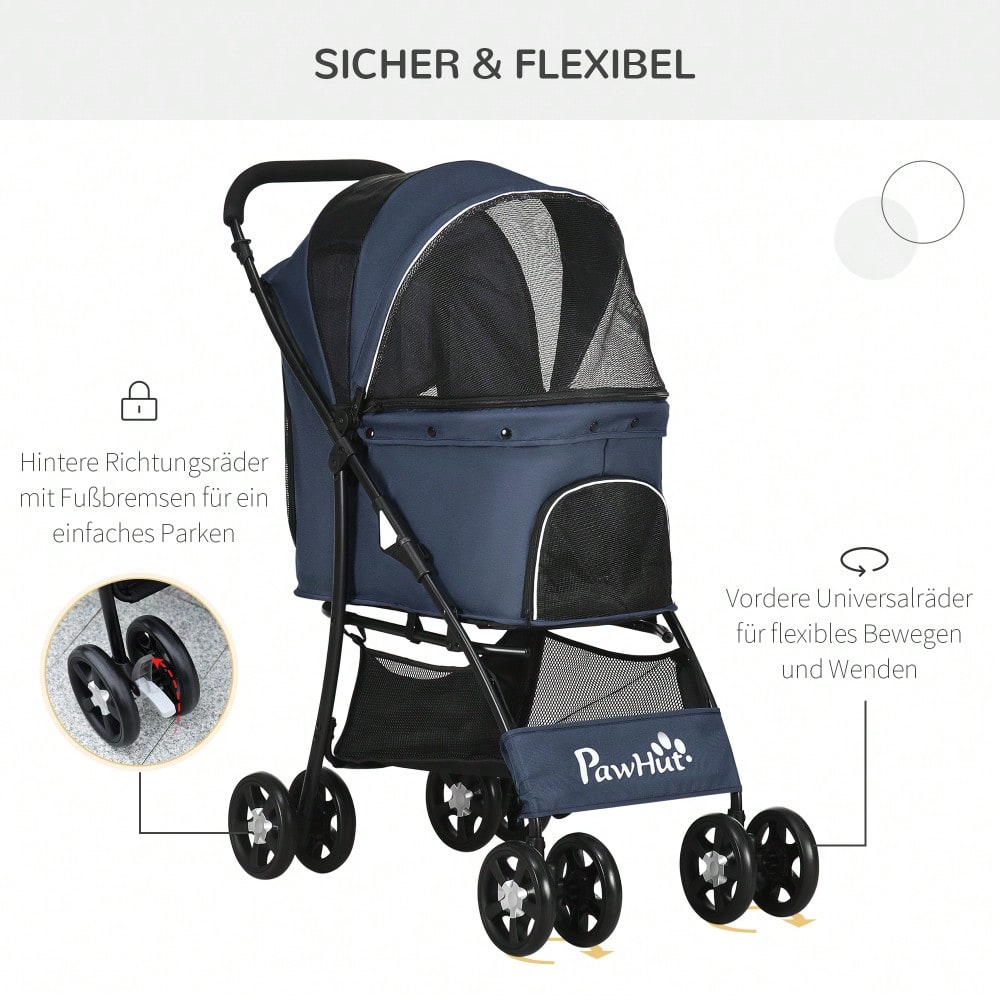 PawHut Hundebuggy faltbar mit Kissen, 4 Rädern & Netzfenstern für kleine Hunde & Katzen, aus 600D Oxford-Stoff