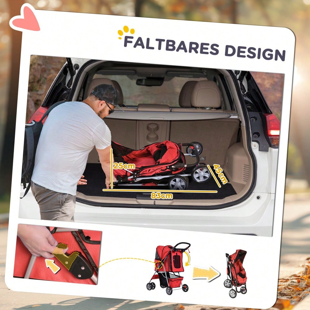 PawHut Hundebuggy faltbar & leicht in rot, Kinderwagen für kleine Hunde & Katzen, transportabel und platzsparend