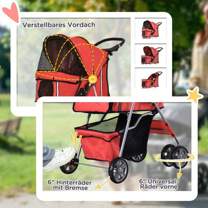 PawHut Hundebuggy faltbar & leicht in rot, Kinderwagen für kleine Hunde & Katzen, transportabel und platzsparend