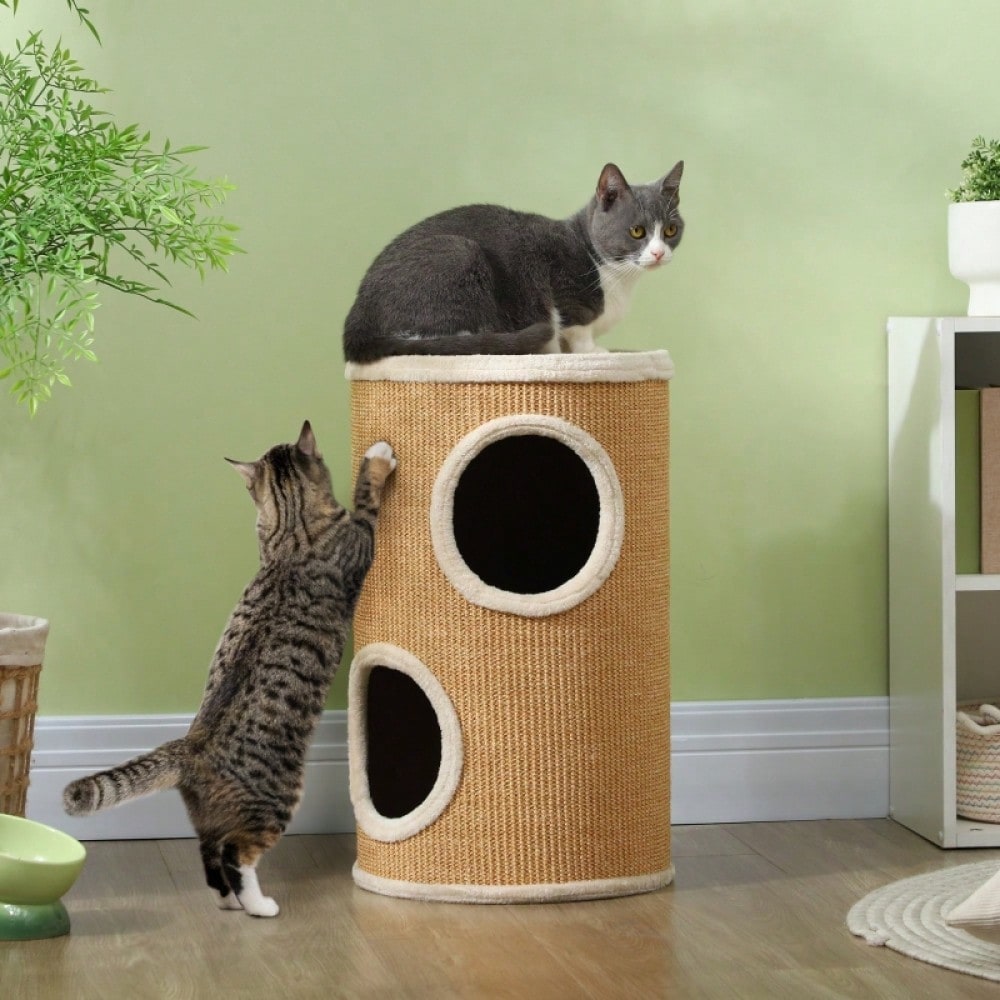 PawHut Kratzbaum mit Plüschbezug & Sisalfläche, großer Katzenbaum bis 10 kg, Φ35x60 cm, braun-beige