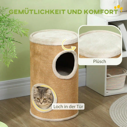 PawHut Kratzbaum mit Plüschbezug & Sisalfläche, großer Katzenbaum bis 10 kg, Φ35x60 cm, braun-beige