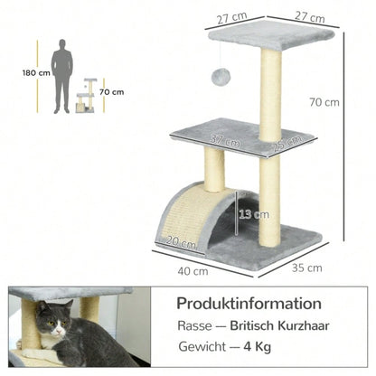 PawHut Kratzbaum Katzenturm 72 cm mit Sisalstämmen, Plüschballen, Plattform & Kratzbrett, hellgrau