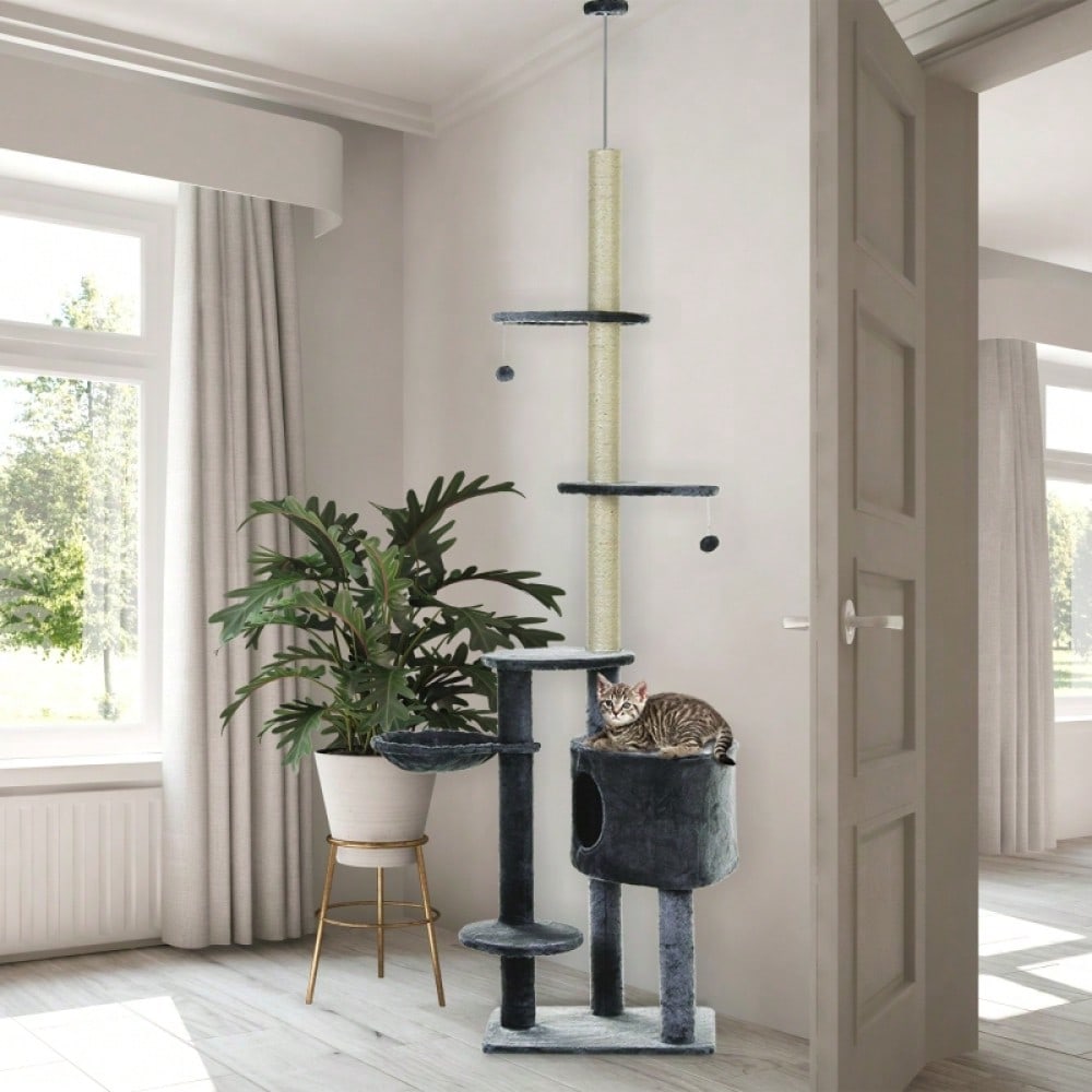 PawHut deckenhoher Kratzbaum 220-265 cm mit Spielbällen, Katzenhöhle, Hängematte & Sisalstämmen, mehrstöckiger Katzenbaum für mittelgroße Katzen, dunkelgrau