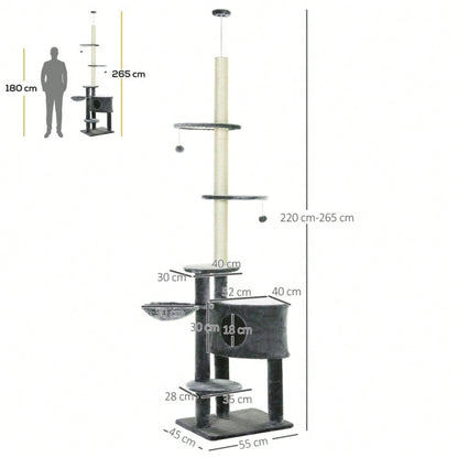PawHut deckenhoher Kratzbaum 220-265 cm mit Spielbällen, Katzenhöhle, Hängematte & Sisalstämmen, mehrstöckiger Katzenbaum für mittelgroße Katzen, dunkelgrau