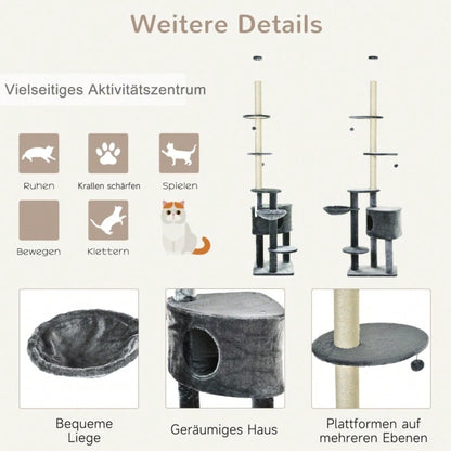 PawHut deckenhoher Kratzbaum 220-265 cm mit Spielbällen, Katzenhöhle, Hängematte & Sisalstämmen, mehrstöckiger Katzenbaum für mittelgroße Katzen, dunkelgrau
