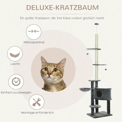 PawHut deckenhoher Kratzbaum 220-265 cm mit Spielbällen, Katzenhöhle, Hängematte & Sisalstämmen, mehrstöckiger Katzenbaum für mittelgroße Katzen, dunkelgrau
