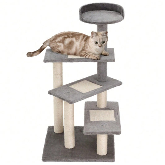 PawHut Kratzbaum für Katzen mit 5 Ebenen & Treppe, Kletterbaum Spielbaum 48,5x48,5x100 cm, beige/grau