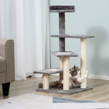 PawHut Kratzbaum für Katzen mit 5 Ebenen & Treppe, Kletterbaum Spielbaum 48,5x48,5x100 cm, beige/grau