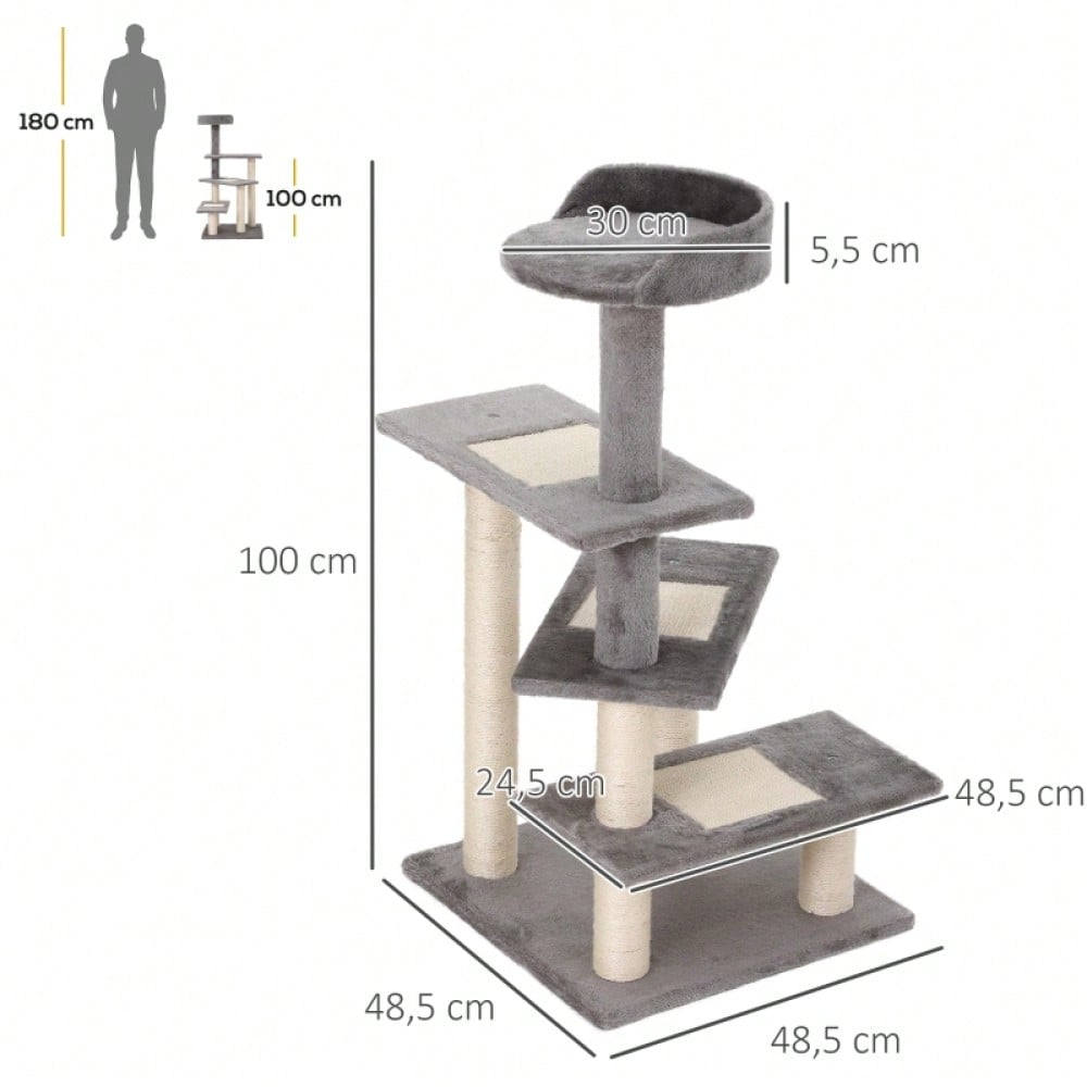 PawHut Kratzbaum für Katzen mit 5 Ebenen & Treppe, Kletterbaum Spielbaum 48,5x48,5x100 cm, beige/grau