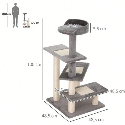 PawHut Kratzbaum für Katzen mit 5 Ebenen & Treppe, Kletterbaum Spielbaum 48,5x48,5x100 cm, beige/grau