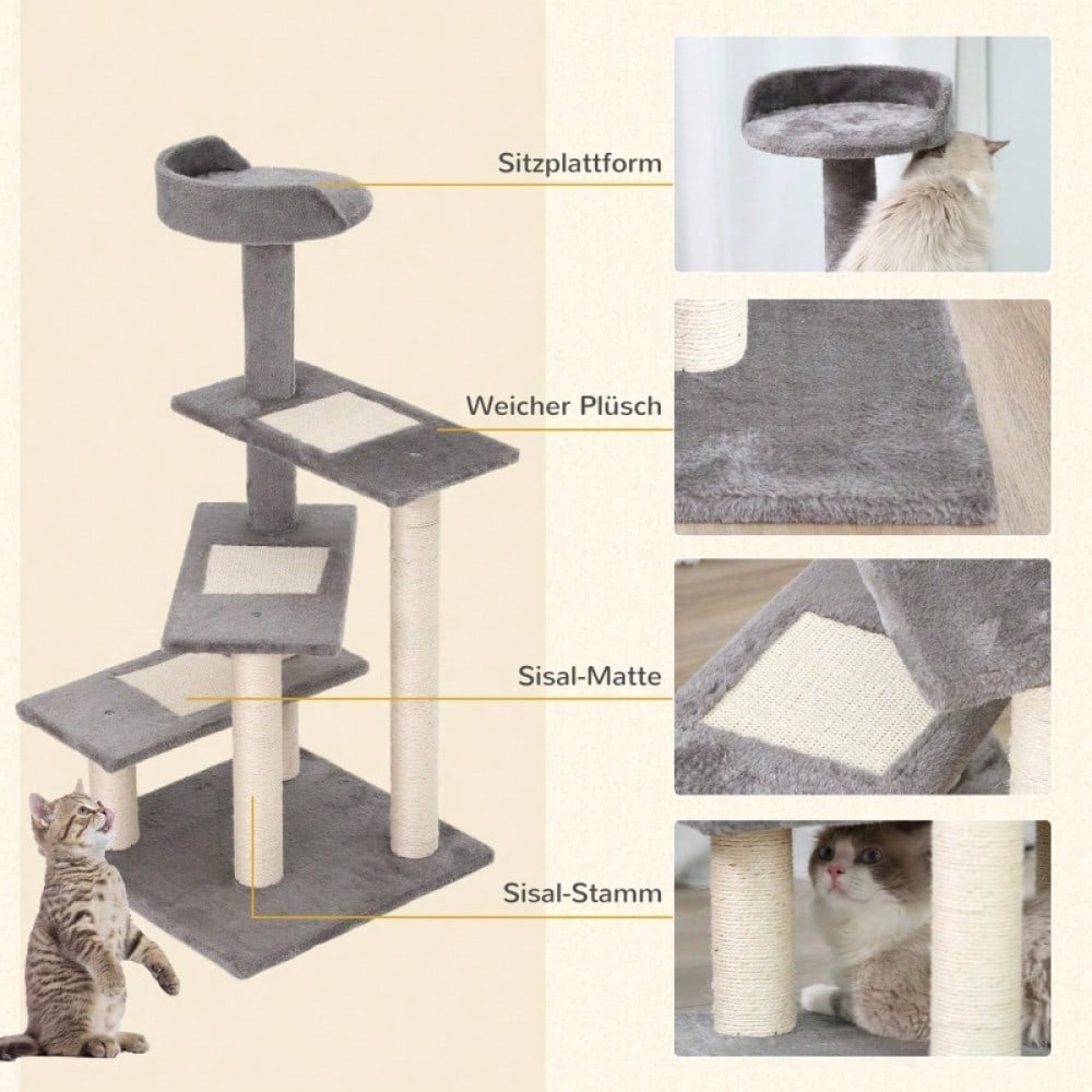PawHut Kratzbaum für Katzen mit 5 Ebenen & Treppe, Kletterbaum Spielbaum 48,5x48,5x100 cm, beige/grau