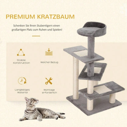 PawHut Kratzbaum für Katzen mit 5 Ebenen & Treppe, Kletterbaum Spielbaum 48,5x48,5x100 cm, beige/grau