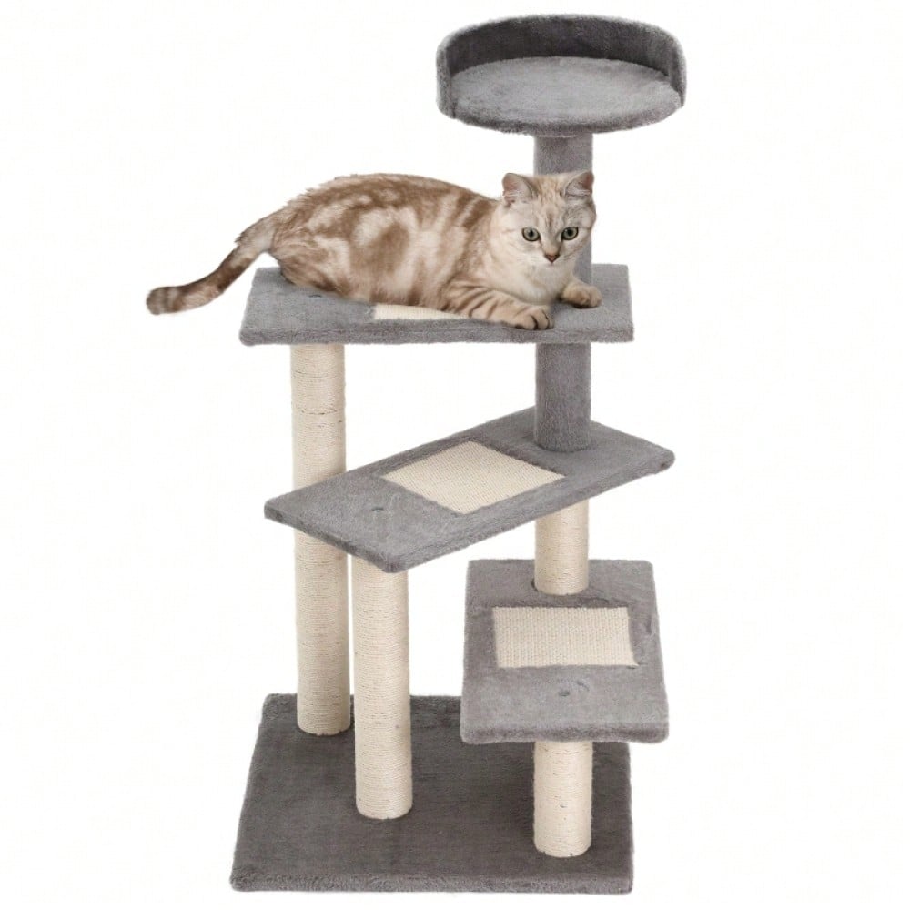 PawHut Kratzbaum für Katzen mit 5 Ebenen & Treppe, Kletterbaum Spielbaum 48,5x48,5x100 cm, beige/grau
