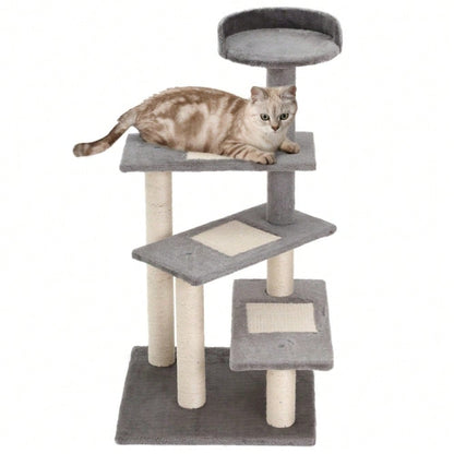 PawHut Kratzbaum für Katzen mit 5 Ebenen & Treppe, Kletterbaum Spielbaum 48,5x48,5x100 cm, beige/grau
