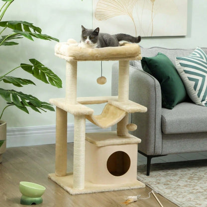 PawHut Kratzbaum für Katzen mit Spielzeug, Sitzstange & Hängematte, 48x48x90 cm, creme