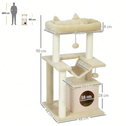 PawHut Kratzbaum für Katzen mit Spielzeug, Sitzstange & Hängematte, 48x48x90 cm, creme