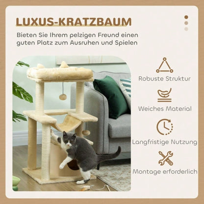 PawHut Kratzbaum für Katzen mit Spielzeug, Sitzstange & Hängematte, 48x48x90 cm, creme