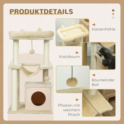 PawHut Kratzbaum für Katzen mit Spielzeug, Sitzstange & Hängematte, 48x48x90 cm, creme