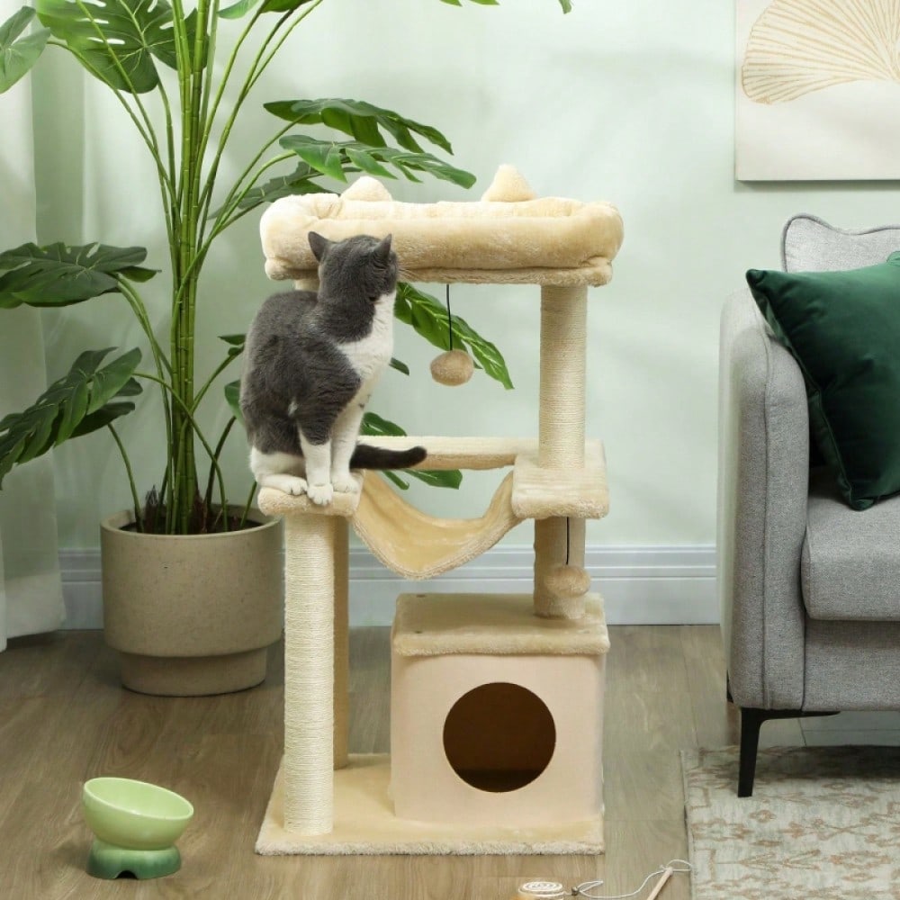 PawHut Kratzbaum für Katzen mit Spielzeug, Sitzstange & Hängematte, 48x48x90 cm, creme
