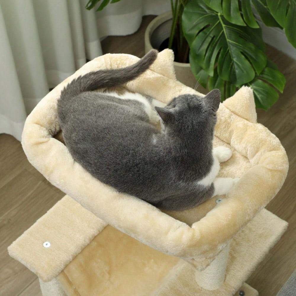 PawHut Kratzbaum für Katzen mit Spielzeug, Sitzstange & Hängematte, 48x48x90 cm, creme