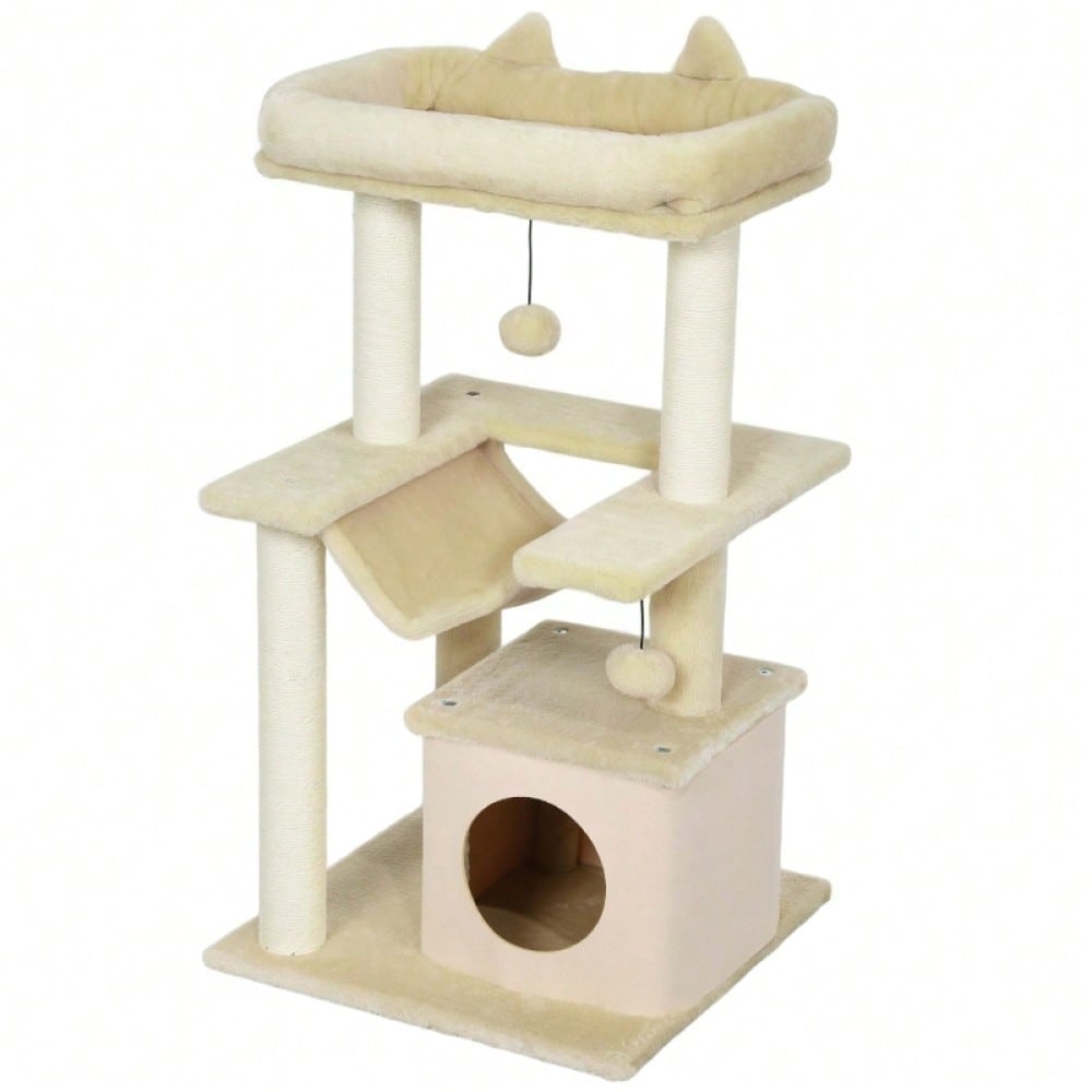 PawHut Kratzbaum für Katzen mit Spielzeug, Sitzstange & Hängematte, 48x48x90 cm, creme