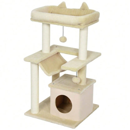 PawHut Kratzbaum für Katzen mit Spielzeug, Sitzstange & Hängematte, 48x48x90 cm, creme