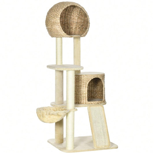 PawHut Kratzbaum mit Katzenhaus aus Rattan, mehrere Plattformen mit Hängematte & Rampe, Kippschutz & Plüschbezug, 60x60x150 cm, beige