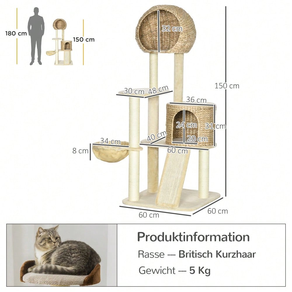 PawHut Kratzbaum mit Katzenhaus aus Rattan, mehrere Plattformen mit Hängematte & Rampe, Kippschutz & Plüschbezug, 60x60x150 cm, beige