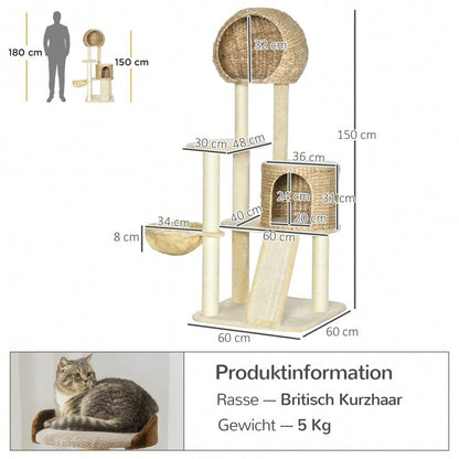PawHut Kratzbaum mit Katzenhaus aus Rattan, mehrere Plattformen mit Hängematte & Rampe, Kippschutz & Plüschbezug, 60x60x150 cm, beige