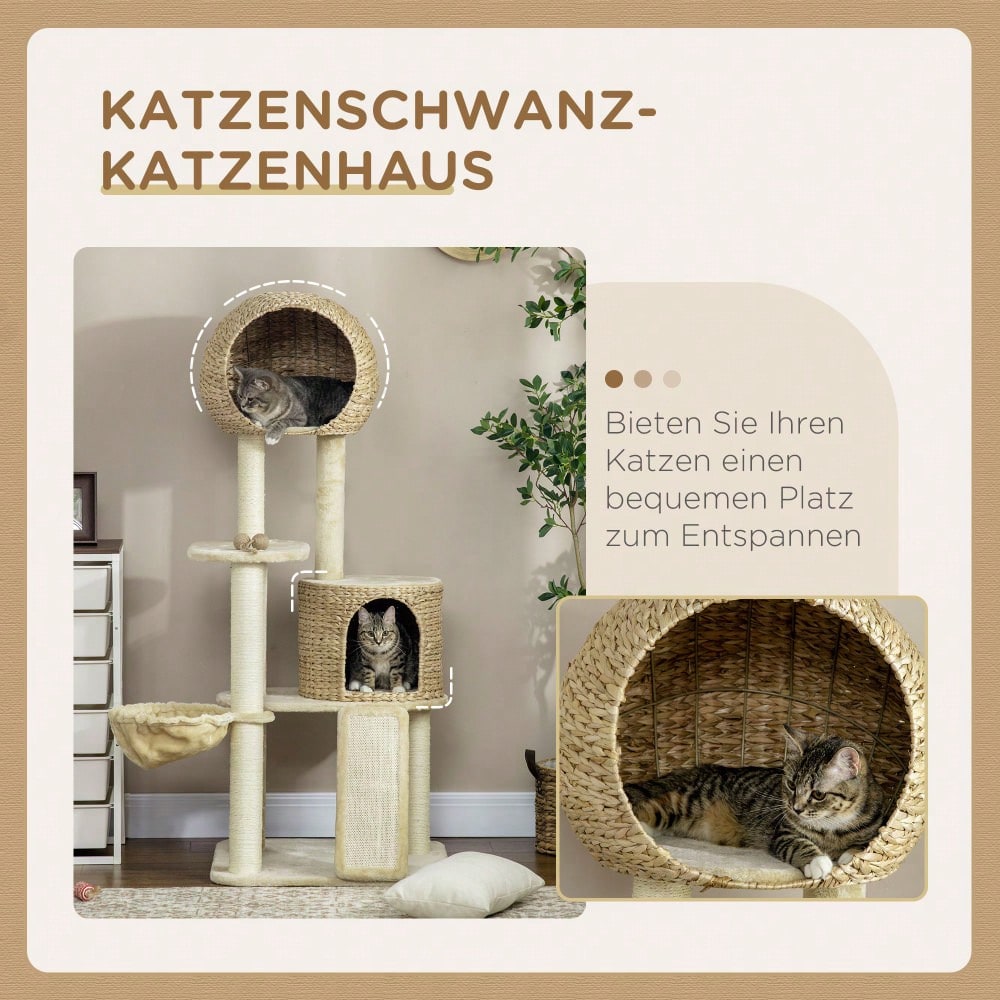 PawHut Kratzbaum mit Katzenhaus aus Rattan, mehrere Plattformen mit Hängematte & Rampe, Kippschutz & Plüschbezug, 60x60x150 cm, beige