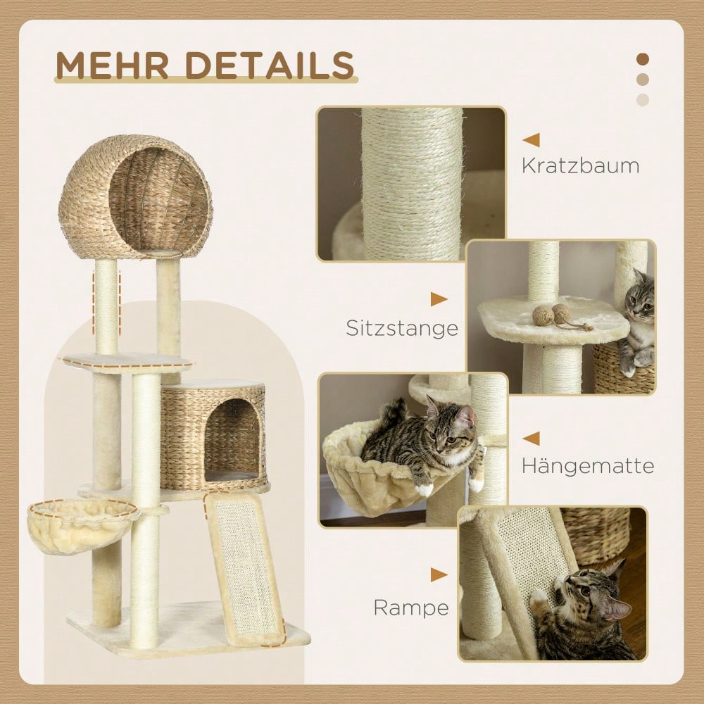PawHut Kratzbaum mit Katzenhaus aus Rattan, mehrere Plattformen mit Hängematte & Rampe, Kippschutz & Plüschbezug, 60x60x150 cm, beige