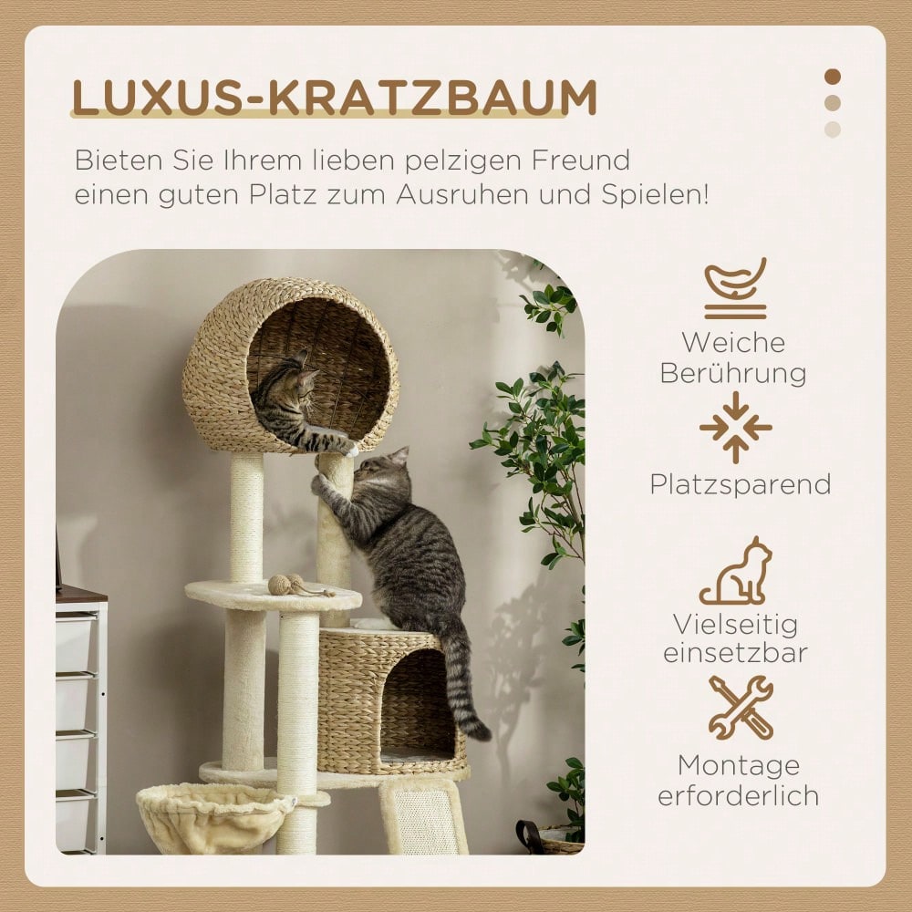 PawHut Kratzbaum mit Katzenhaus aus Rattan, mehrere Plattformen mit Hängematte & Rampe, Kippschutz & Plüschbezug, 60x60x150 cm, beige