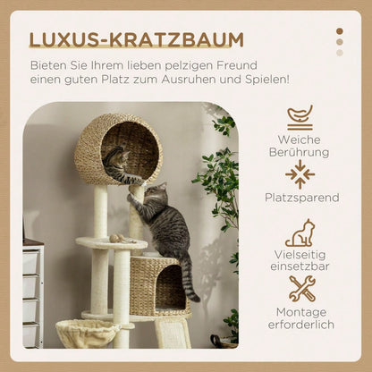 PawHut Kratzbaum mit Katzenhaus aus Rattan, mehrere Plattformen mit Hängematte & Rampe, Kippschutz & Plüschbezug, 60x60x150 cm, beige