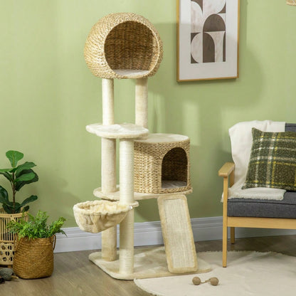 PawHut Kratzbaum mit Katzenhaus aus Rattan, mehrere Plattformen mit Hängematte & Rampe, Kippschutz & Plüschbezug, 60x60x150 cm, beige
