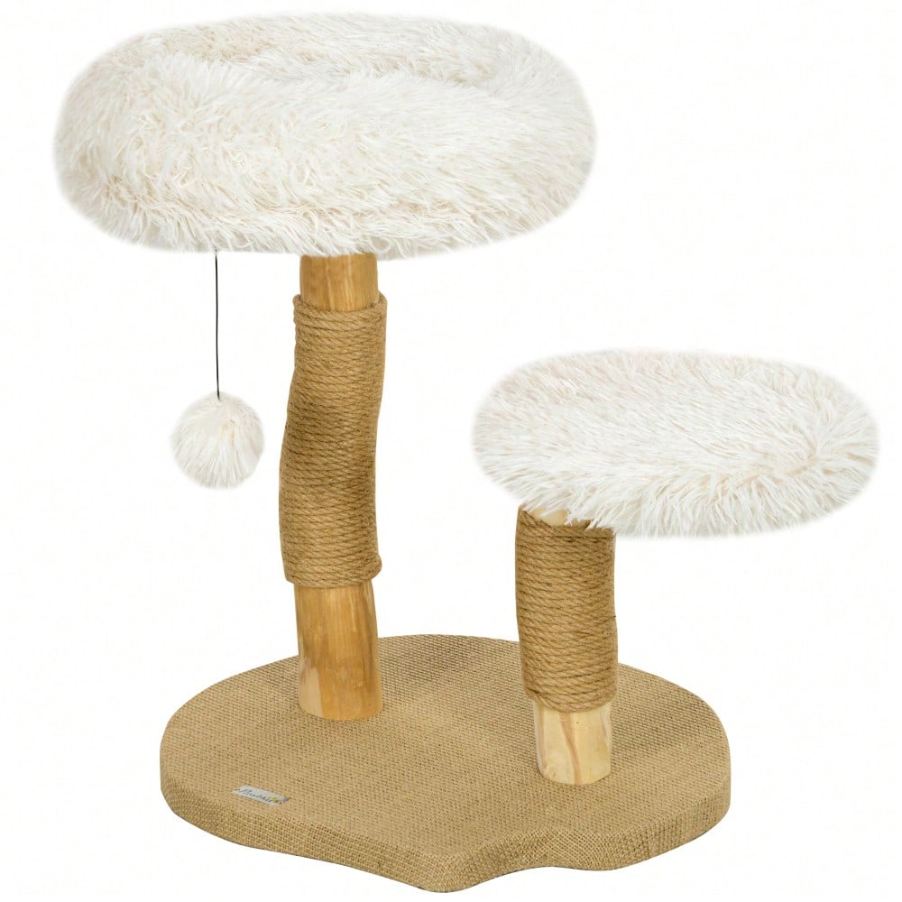 PawHut Kratzbaum mit Spielball & Schlafplätzen, Katzenturm aus Birnbaumholz mit Kratzbrett für Katzen bis 5 kg, 61,5 cm, weiß