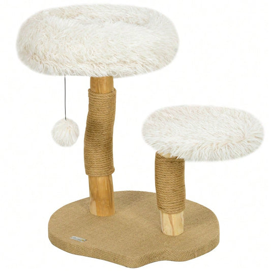 PawHut Kratzbaum mit Spielball & Schlafplätzen, Katzenturm aus Birnbaumholz mit Kratzbrett für Katzen bis 5 kg, 61,5 cm, weiß