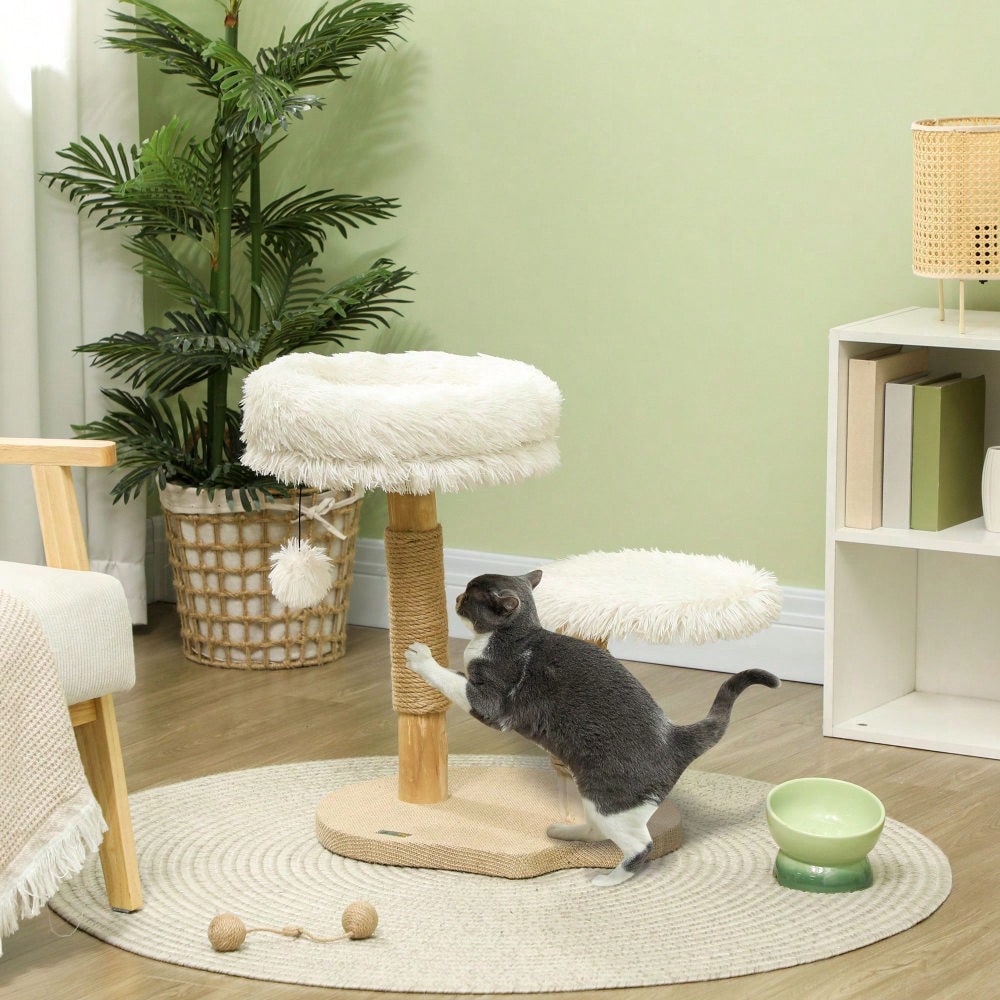 PawHut Kratzbaum mit Spielball & Schlafplätzen, Katzenturm aus Birnbaumholz mit Kratzbrett für Katzen bis 5 kg, 61,5 cm, weiß