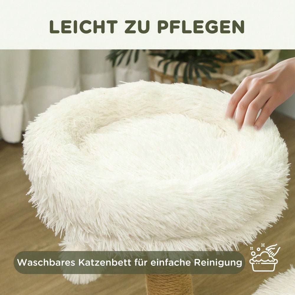 PawHut Kratzbaum mit Spielball & Schlafplätzen, Katzenturm aus Birnbaumholz mit Kratzbrett für Katzen bis 5 kg, 61,5 cm, weiß