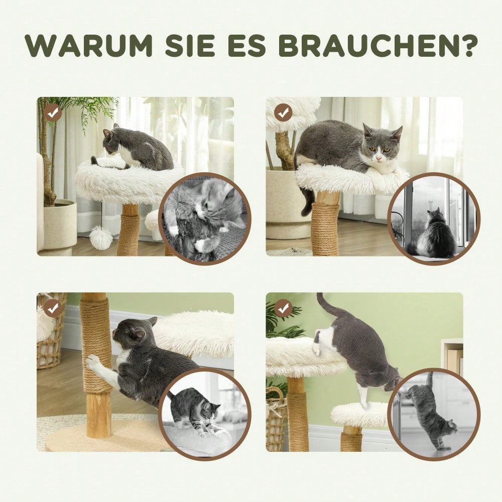 PawHut Kratzbaum mit Spielball & Schlafplätzen, Katzenturm aus Birnbaumholz mit Kratzbrett für Katzen bis 5 kg, 61,5 cm, weiß