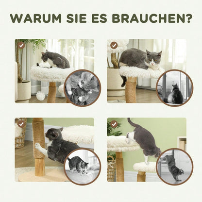 PawHut Kratzbaum mit Spielball & Schlafplätzen, Katzenturm aus Birnbaumholz mit Kratzbrett für Katzen bis 5 kg, 61,5 cm, weiß