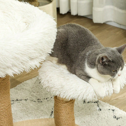 PawHut Kratzbaum mit Spielball & Schlafplätzen, Katzenturm aus Birnbaumholz mit Kratzbrett für Katzen bis 5 kg, 61,5 cm, weiß