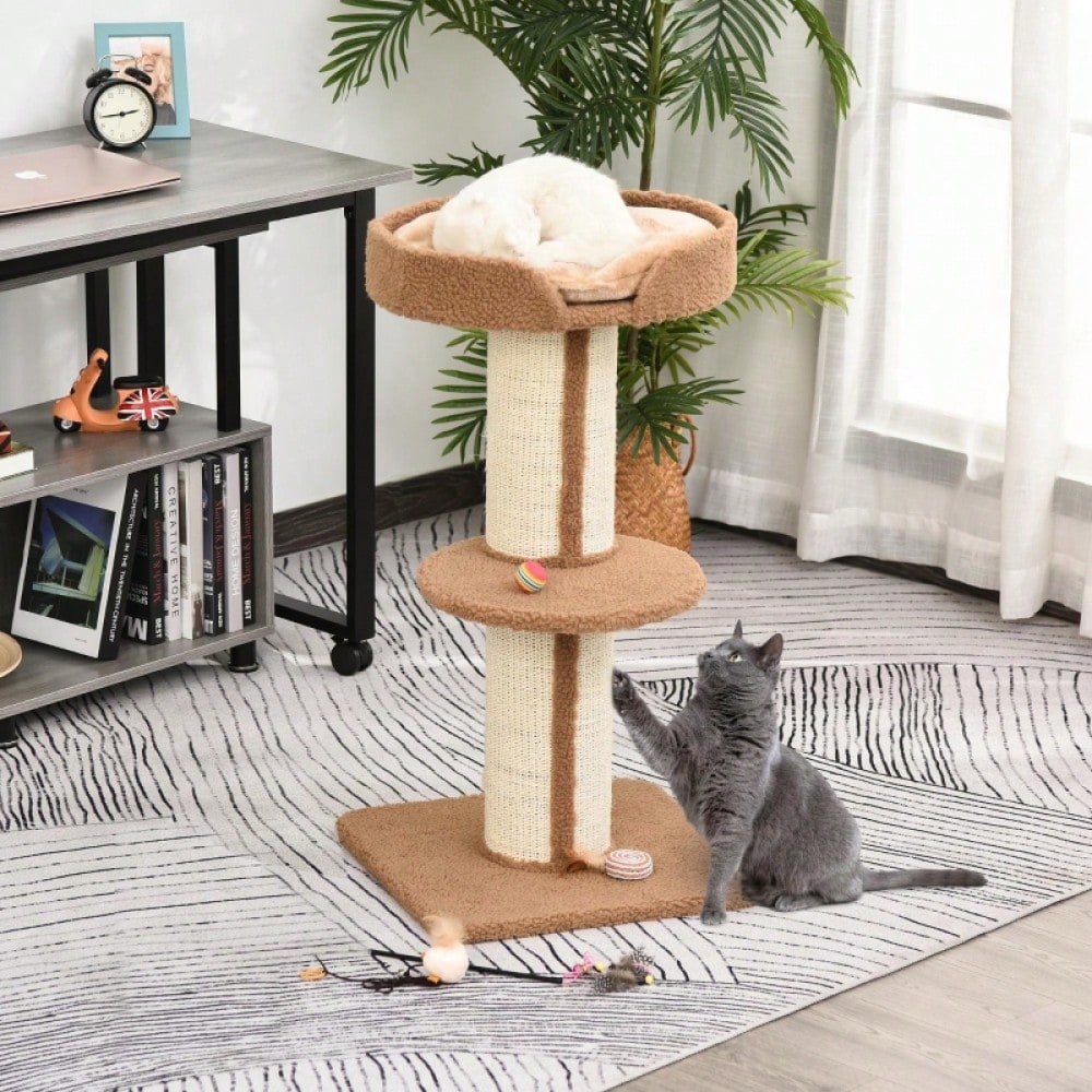 PawHut Kratzbaum Katzenturm 91 cm mit Sisalstämmen, Plattform & Kissen, mehrstöckig für mittelgroße Katzen, hellbraun