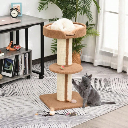 PawHut Kratzbaum Katzenturm 91 cm mit Sisalstämmen, Plattform & Kissen, mehrstöckig für mittelgroße Katzen, hellbraun