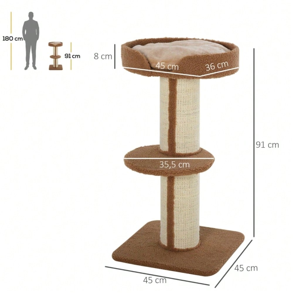 PawHut Kratzbaum Katzenturm 91 cm mit Sisalstämmen, Plattform & Kissen, mehrstöckig für mittelgroße Katzen, hellbraun